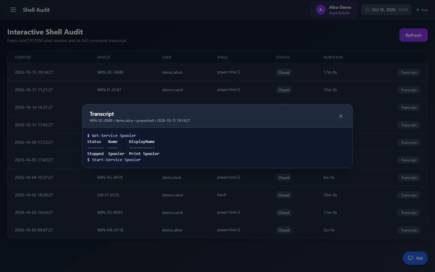 Interactive shell audit listing recorded root and SYSTEM sessions, with the full transcript of one PowerShell session open