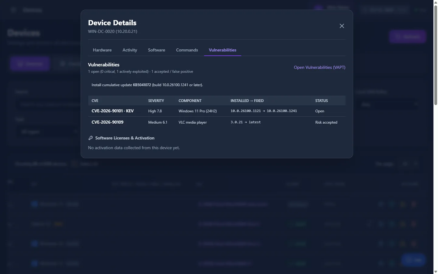 Vulnerabilities tab of a DeviceManager device details window with the recommended cumulative update and CVE findings, installed and fixed versions and status